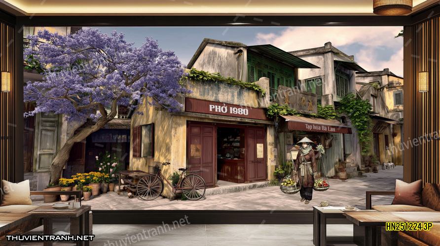Tranh dán tường Phố cổ Hà Nội, Phố xưa - -HN251224-3P - Tranh tường chất lượng cao